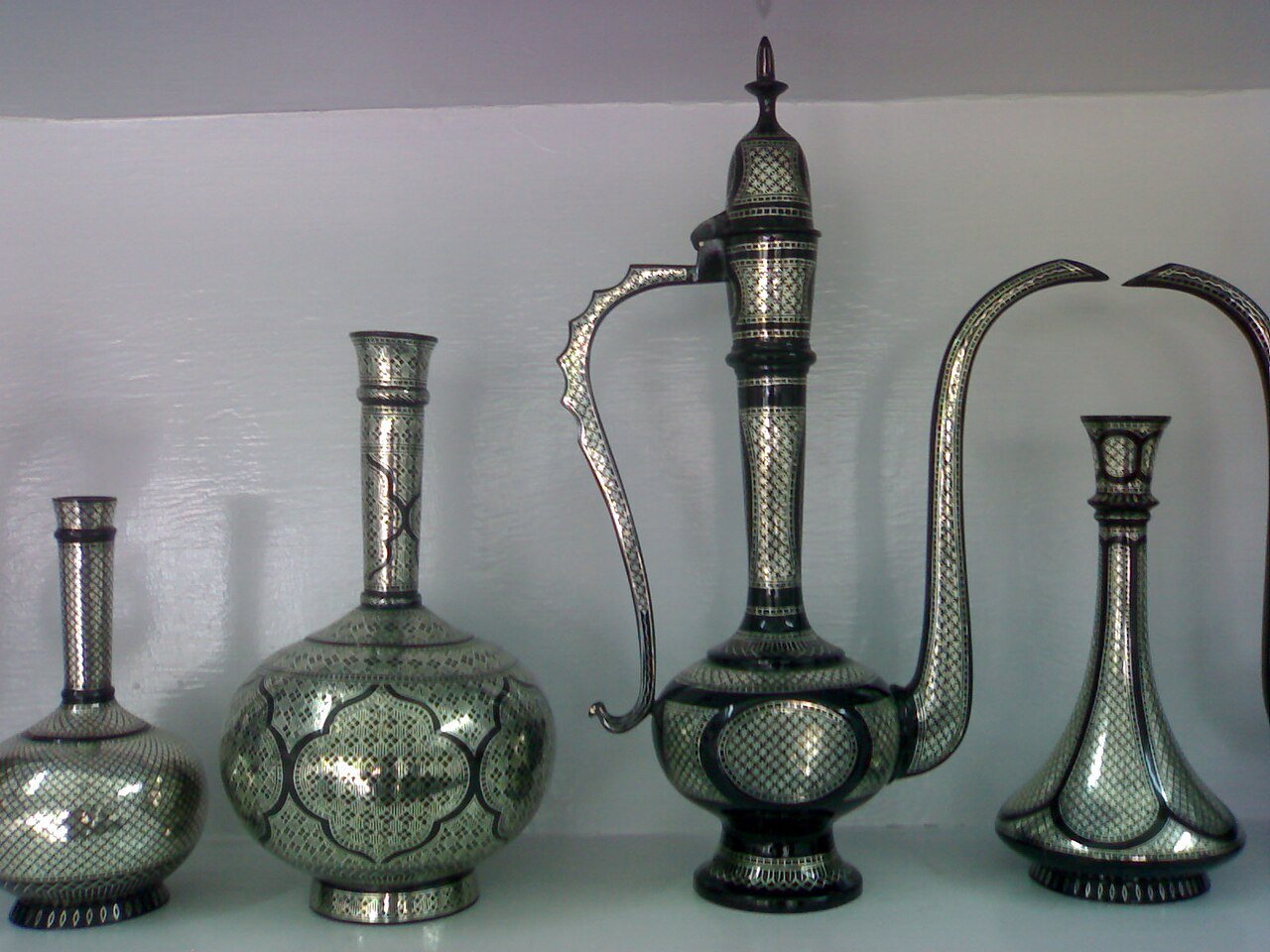 Bidriware vases and decanter with silver inlay
