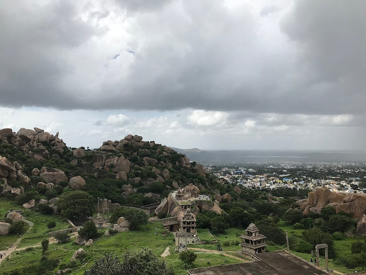 The massive stone ramparts of Chitradurga Fort rising over granite hills